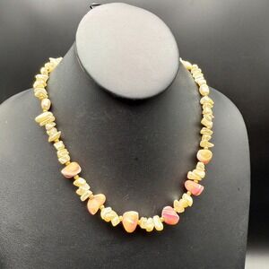 🧡 Vintage Shell Chip & Mother of Pearl Beaded Necklace 18" Golden Tones Coastal